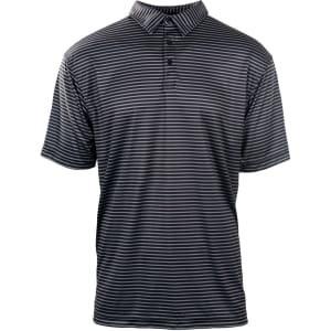 A striped golf polo in shades of black and grey, featuring a collared neck and button placket. It has a logo.