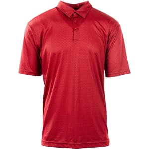 A red golf polo shirt with a collar and short sleeves, featuring a subtle textured pattern and a logo.
