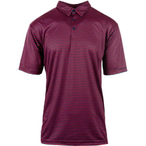 A striped golf polo in red and blue with a collar and buttons, featuring a logo on the chest.