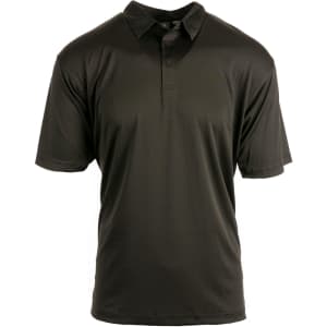 A dark green golf polo with a classic collar and short sleeves, featuring a logo on the chest.