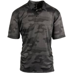 A dark grey camo golf polo with a collared neck and short sleeves, featuring a logo.