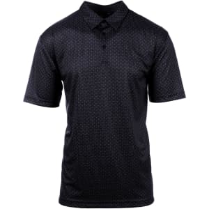 A black golf polo with a subtle pattern and a collar, featuring a logo on the front.