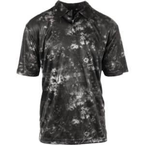 A black and grey tie-dye golf polo with a collar and short sleeves, featuring a logo.