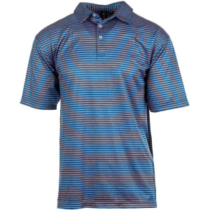 A blue and white striped golf polo shirt featuring a collar and a logo on the chest.