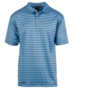 A blue striped golf polo featuring a collared neckline and short sleeves, with a logo on the collar.
