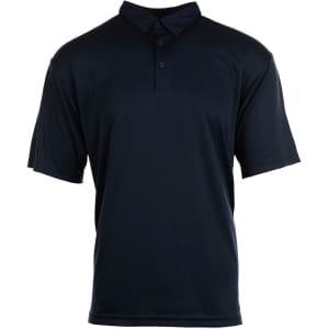 A navy polo shirt with short sleeves and a collar, featuring a button placket and a logo.