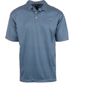 A blue and white striped golf polo shirt with a collared neck and short sleeves. It features a logo on the chest.