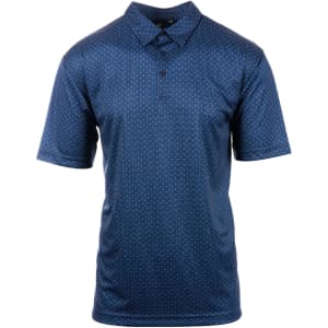 A navy blue polo shirt with a subtle dot pattern and a standard collar, featuring a logo on the chest.