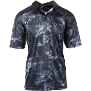 A polo shirt in a tie-dye pattern featuring dark grey and light grey colours, with a collar and short sleeves.