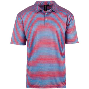 A striped golf polo in shades of purple and blue, featuring a collar and short sleeves. It has a logo on the collar.