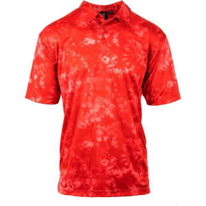A red tie-dye golf polo featuring a collar and short sleeves. The shirt includes a logo.