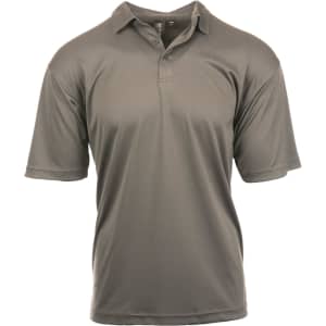 A short-sleeved polo shirt in a muted grey colour, featuring a collar and a logo on the chest area.