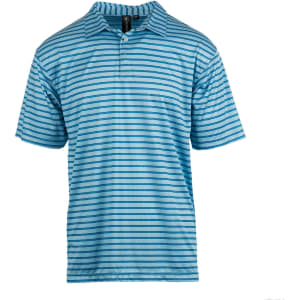 A blue striped golf polo shirt with a collar and short sleeves, featuring a logo on the chest.