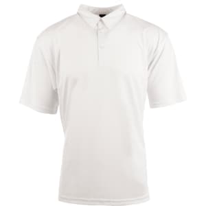 A white polo shirt featuring a collar and short sleeves, complete with a logo on the chest.