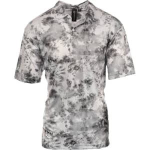 A stylish grey tie-dye golf polo shirt with a collar and short sleeves, featuring a logo on the shoulder.