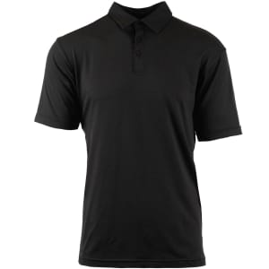 A black polo shirt featuring a classic collar and buttons, with a logo on the left side.