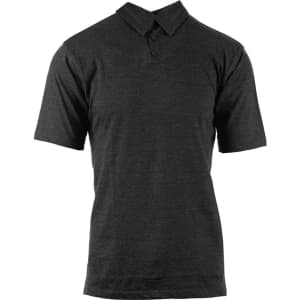 A dark grey polo shirt featuring a collar, short sleeves, and buttons, with a logo on the chest.