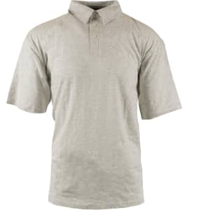 A light grey polo shirt with a collar and short sleeves, featuring a button placket and a logo.