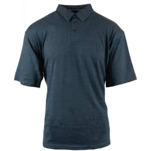 A dark blue polo shirt featuring a collar and button placket. It has short sleeves and a simple design.