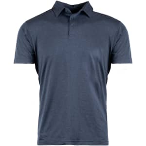 A soft jersey polo in navy blue with a collar and short sleeves, featuring a logo on the chest.