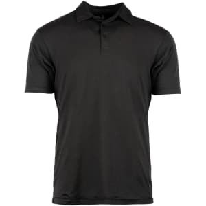 A black soft jersey polo shirt with a collar and short sleeves, featuring a logo on the chest.