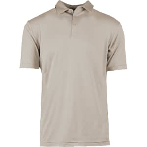 A soft jersey polo in a light beige colour, featuring a collar and short sleeves. The polo has a logo on it.