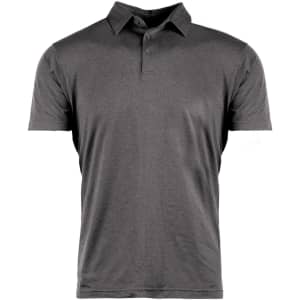 A grey soft jersey polo shirt with a collar and three buttons, featuring a branding logo.