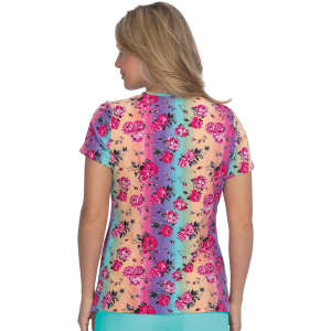 A women's T-shirt featuring a vibrant floral pattern in pink, yellow, and blue with a fitted design.