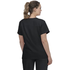 A black short-sleeved top worn by a woman, viewed from the back, featuring a simple design.