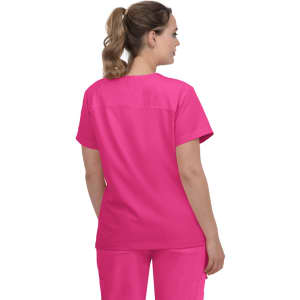 A scrub top in vibrant pink, featuring a simple design and short sleeves. The back view shows the garment's fit.