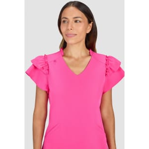A dress in bright pink featuring ruffled shoulders and a V-neckline, displayed on a model against a neutral background.