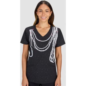 A black top with a speckled pattern featuring faux pearl embellishments arranged in a decorative design.