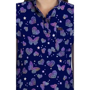 Ari Top (Print) featuring a navy background with multicoloured butterflies and stars, with a logo on the chest.