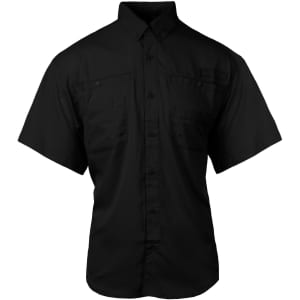 A short sleeve fishing shirt in black, featuring a button-up design and multiple pockets. It has a logo.