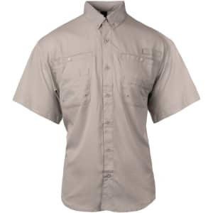 A short sleeve fishing shirt in a light beige colour, featuring multiple pockets and a logo on the chest.