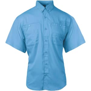 A short sleeve fishing shirt in light blue with two front pockets and a button-up design. It features a logo on the chest.