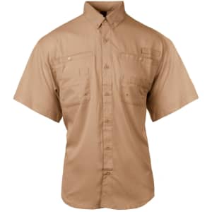 A short sleeve fishing shirt in a light brown colour, featuring two chest pockets and a button-down design.