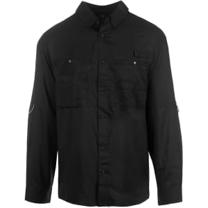 A long sleeve fishing shirt in black with button-up front, two chest pockets, and a logo on the sleeve.