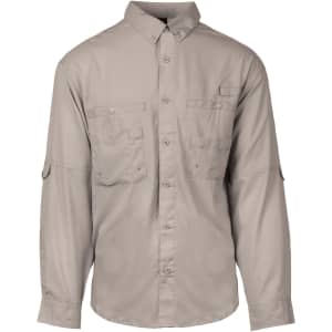 Long sleeve button-up fishing shirt in a light tan colour, featuring multiple pockets and a logo.