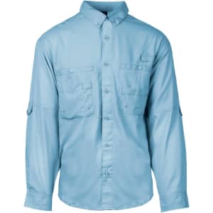 A light blue long sleeve fishing shirt featuring button-up front and multiple pockets. It has a logo on it.