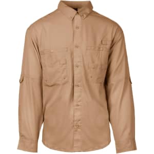 A tan long sleeve fishing shirt with button-up front and multiple pockets. It features a logo on the fabric.