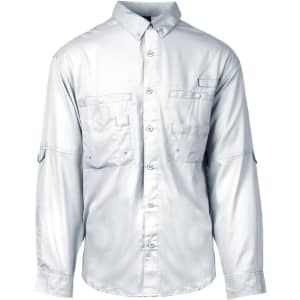 A long sleeve fishing shirt in light grey with button-up front and multiple pockets, featuring a logo.
