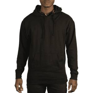 A black pullover crewneck hoodie with a front pocket and drawstring hood. It features a subtle logo on the chest.