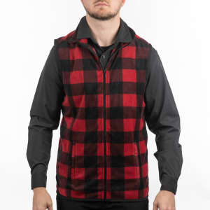 A red and black checkered full zip vest is worn over a black shirt, featuring a logo on the left side.