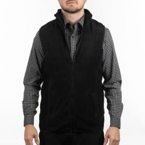 A black full zip Arctic polar fleece vest worn over a checkered shirt, featuring a zipped front and two side pockets.