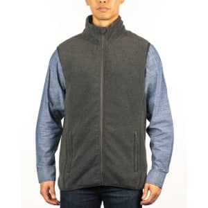 A grey full zip Arctic polar fleece vest worn over a blue long-sleeve shirt, featuring side pockets and a collar.
