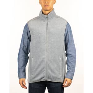A grey full zip Arctic polar fleece vest on a model, featuring a high collar and side pockets.