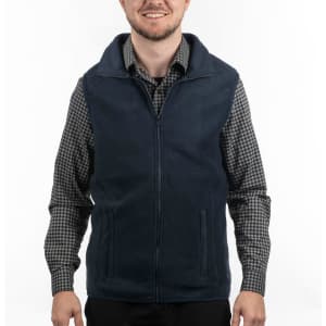 A navy blue full zip Arctic polar fleece vest displayed on a man wearing a checkered shirt. The vest features a logo.