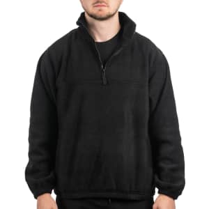 A black 1/4 zip polar fleece pullover, featuring a high collar and a half zip closure, worn by a model.