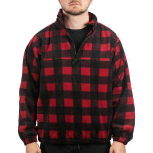 A red and black checkered 1/4 zip polar fleece pullover worn by a model, featuring a zippered neck and a casual fit.